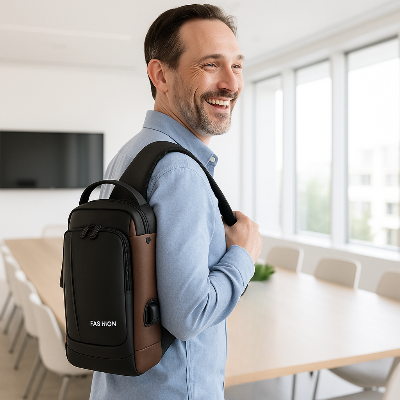 bandouliere sacoche homme noire et brune au travail